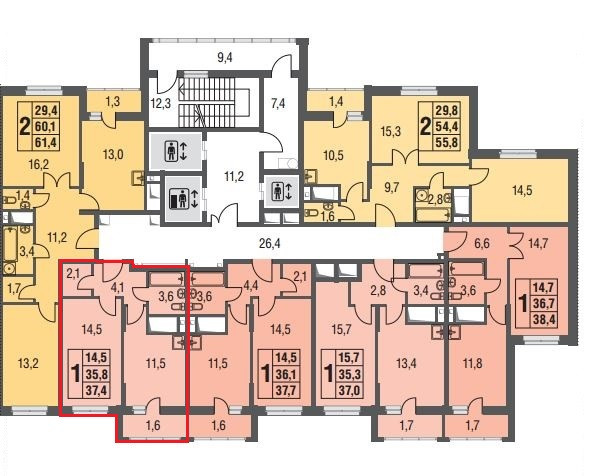Однокомнатная квартира 38 м²
